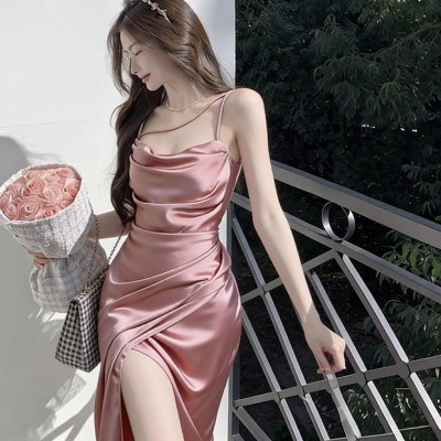 粉色高级感缎面不规则晚装